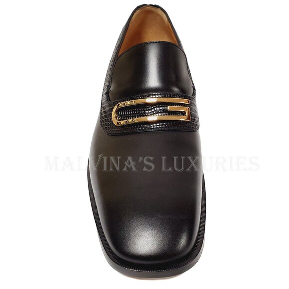 GUCCI SHOES MENS GEOMETRIC G LOGO BLACK LEATHER LOAFERS w LIZARD sz 10 10.5 - Picture 8 of 15